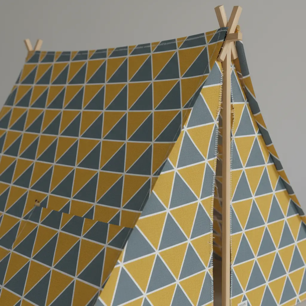 A modern A frame tent featuring a crisp, bright fabric with a repeating triangular geometric pattern.