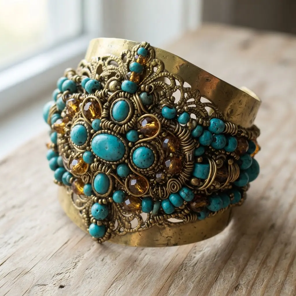 A close-up view of a handcrafted brass cuff bracelet featuring ornate filigree and clusters of colorful glass beads.