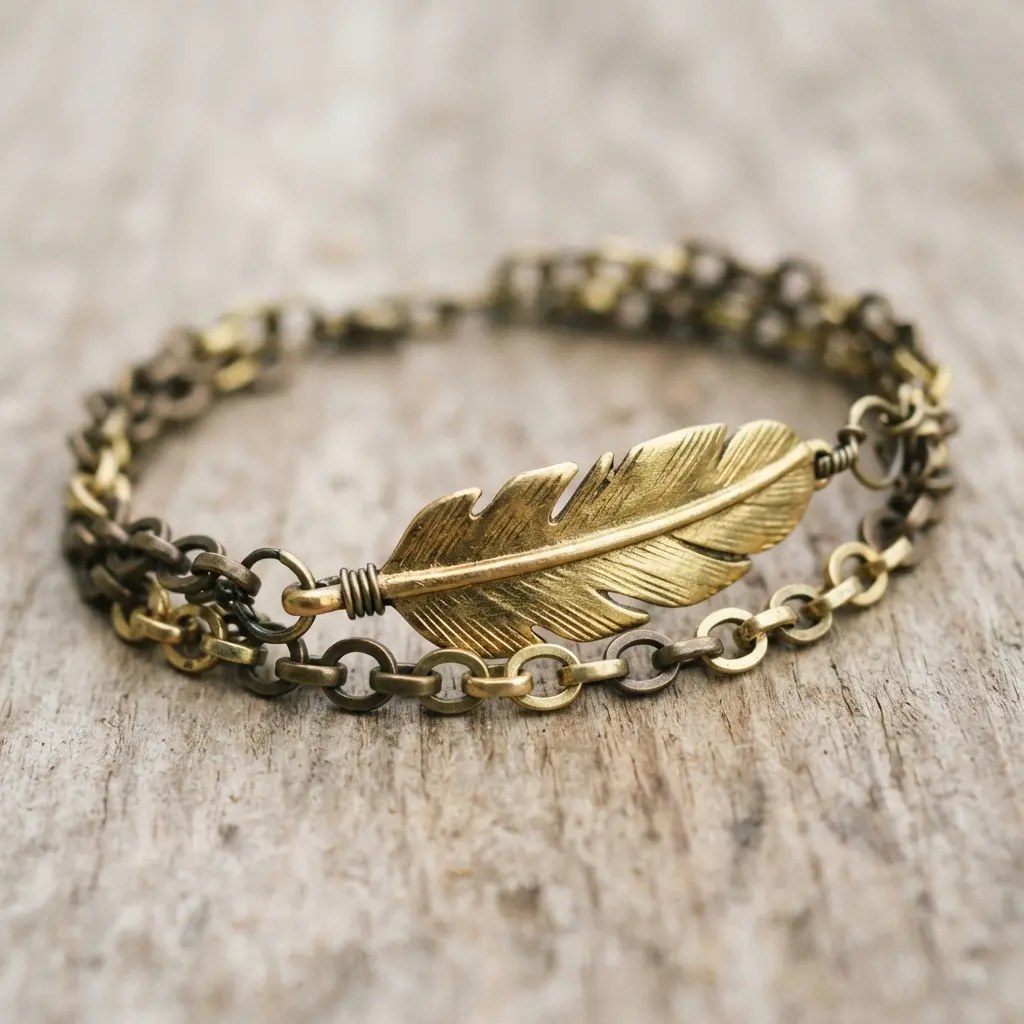 A lightweight cuff bracelet made from delicate brass chain, centered with a single, gilded metal feather charm.