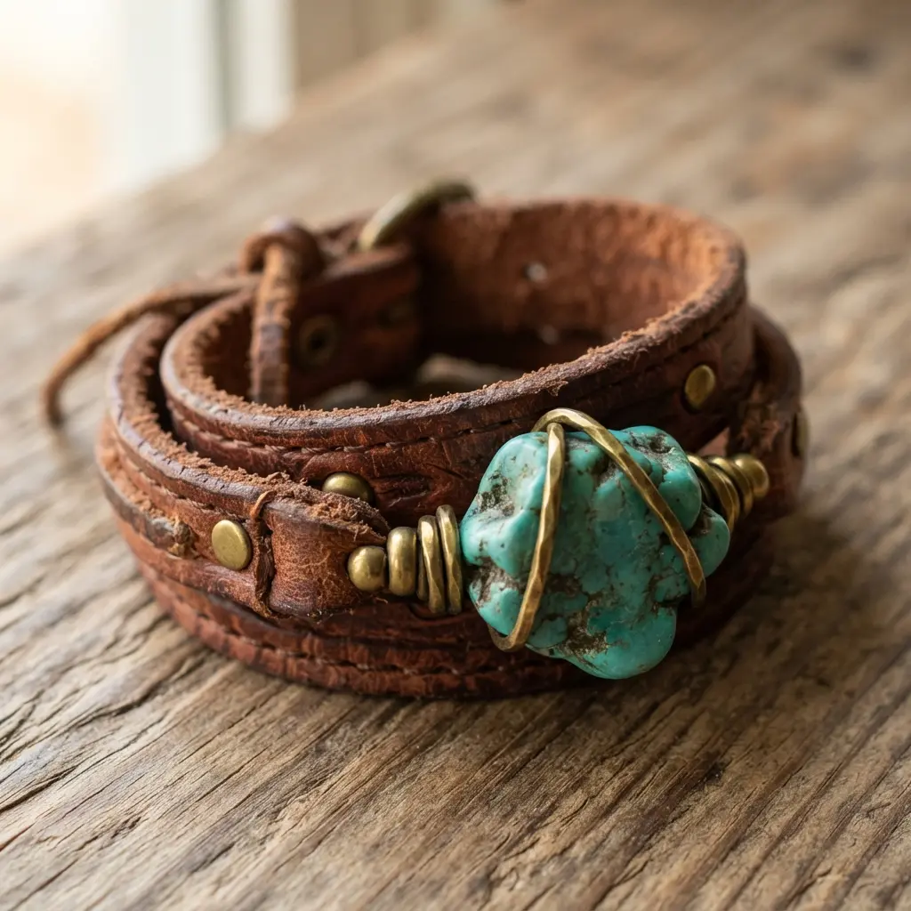 A rustic leather cuff bracelet wrapped around a wrist, showcasing a large, rough-cut turquoise stone secured with brass wire.