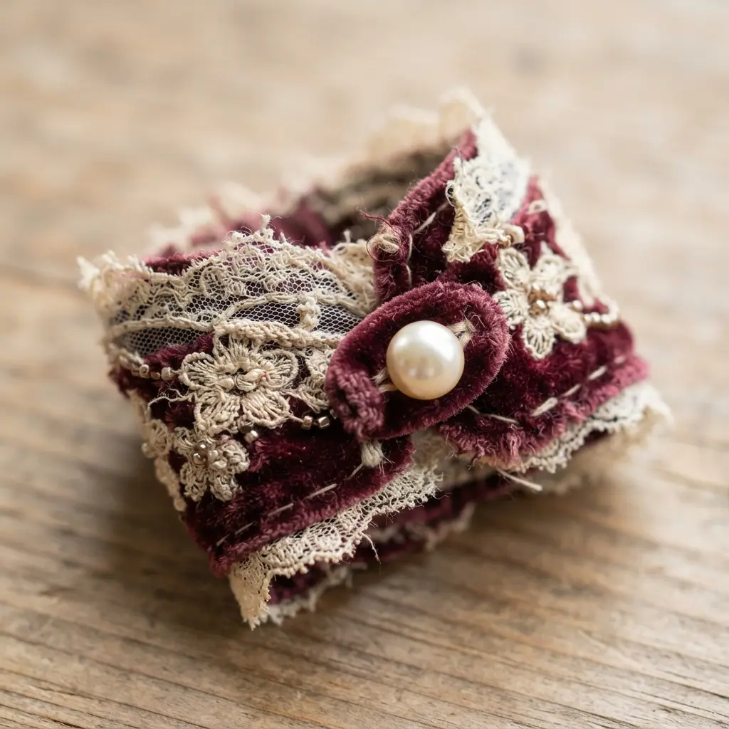 A delicate cuff bracelet constructed from layers of antique lace and rich burgundy velvet, fastened with a pearl button.