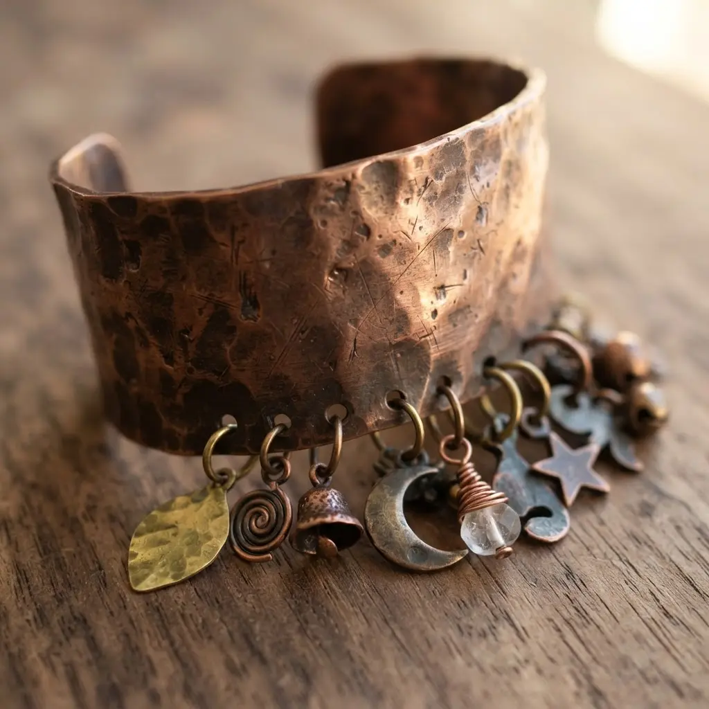 A textured, hammered copper cuff bracelet with a handmade patina, from which several delicate charms and tiny bells are suspended.