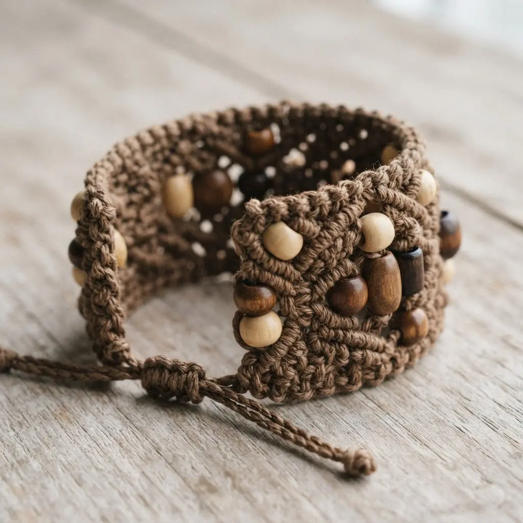 A bohemian-style cuff made from earthy brown macrame cord, woven around several smooth, wooden beads of varying sizes.