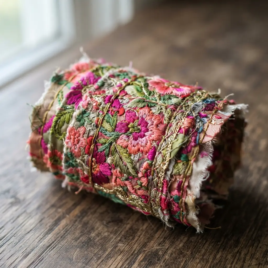 A stacked cuff bracelet made from layers of embroidered silk scraps in floral patterns, edged with gold thread.