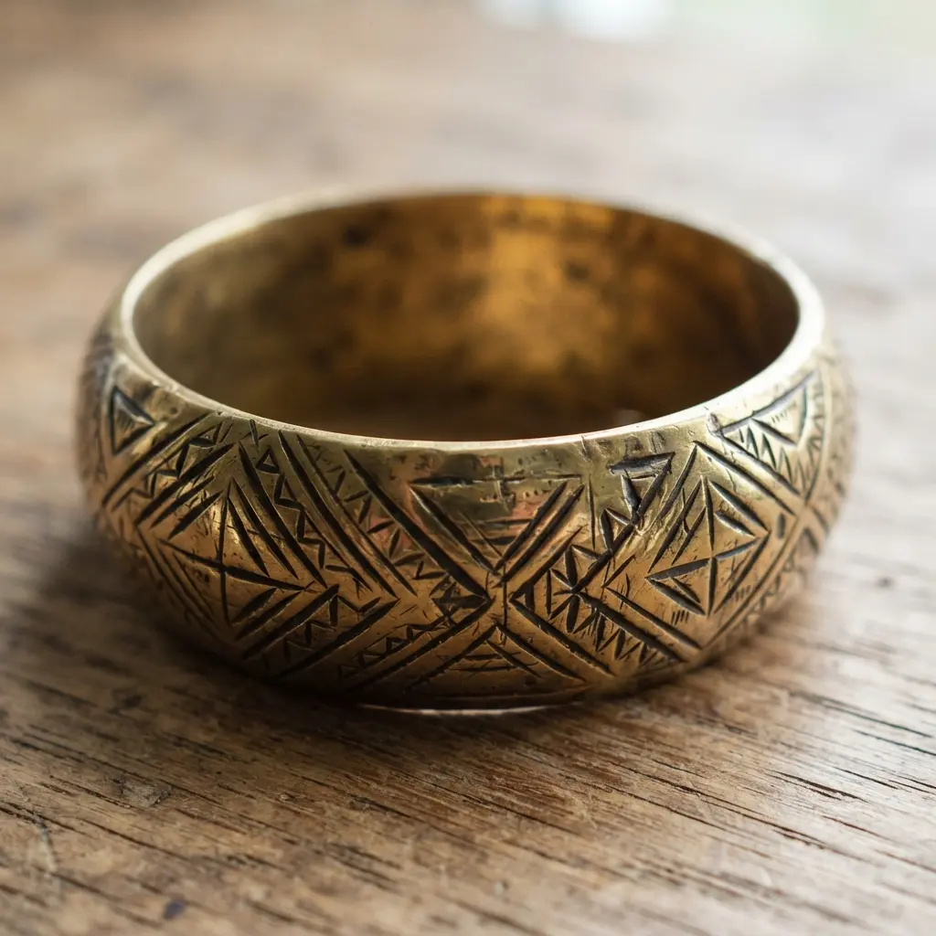 A substantial metal bangle bracelet with a deeply etched geometric pattern and a warm, antique gold metallic finish.