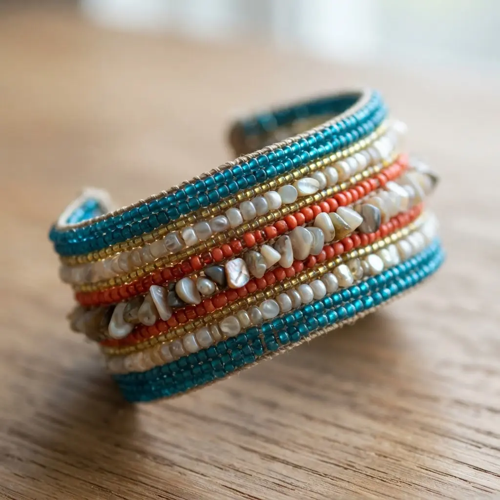 A detailed cuff bracelet with a striped pattern created from rows of tiny seed beads and small, reflective shell fragments.