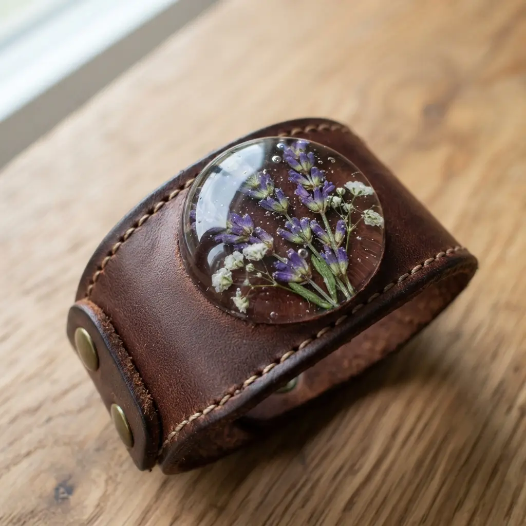 A simple leather cuff bracelet featuring a clear resin dome that encases delicate, pressed lavender and baby's breath flowers.