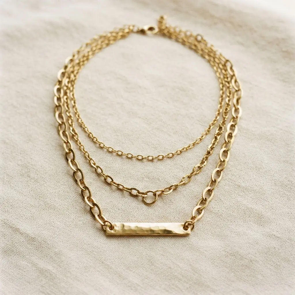 Close-up of three thin gold chains layered together with a small bar charm.