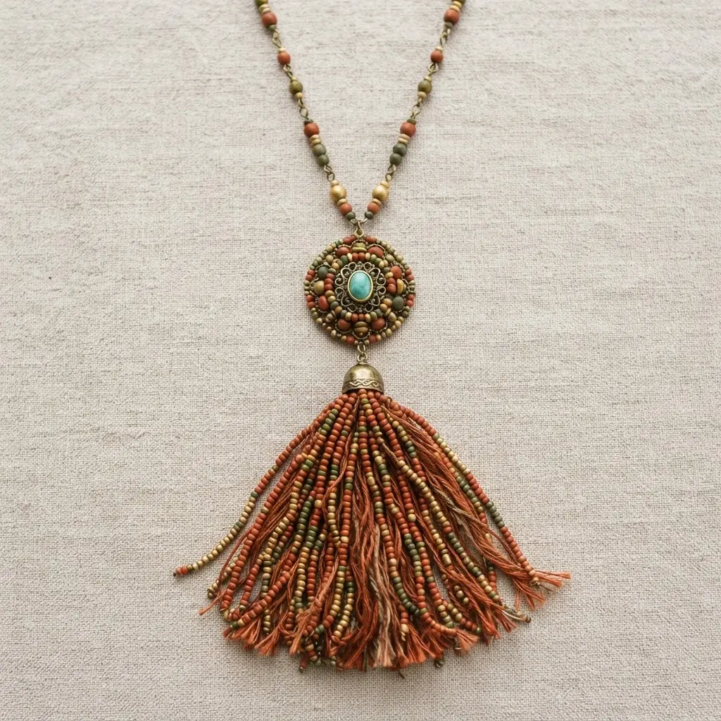 A long necklace ending in a large, intricate tassel made from strands of small beads.
