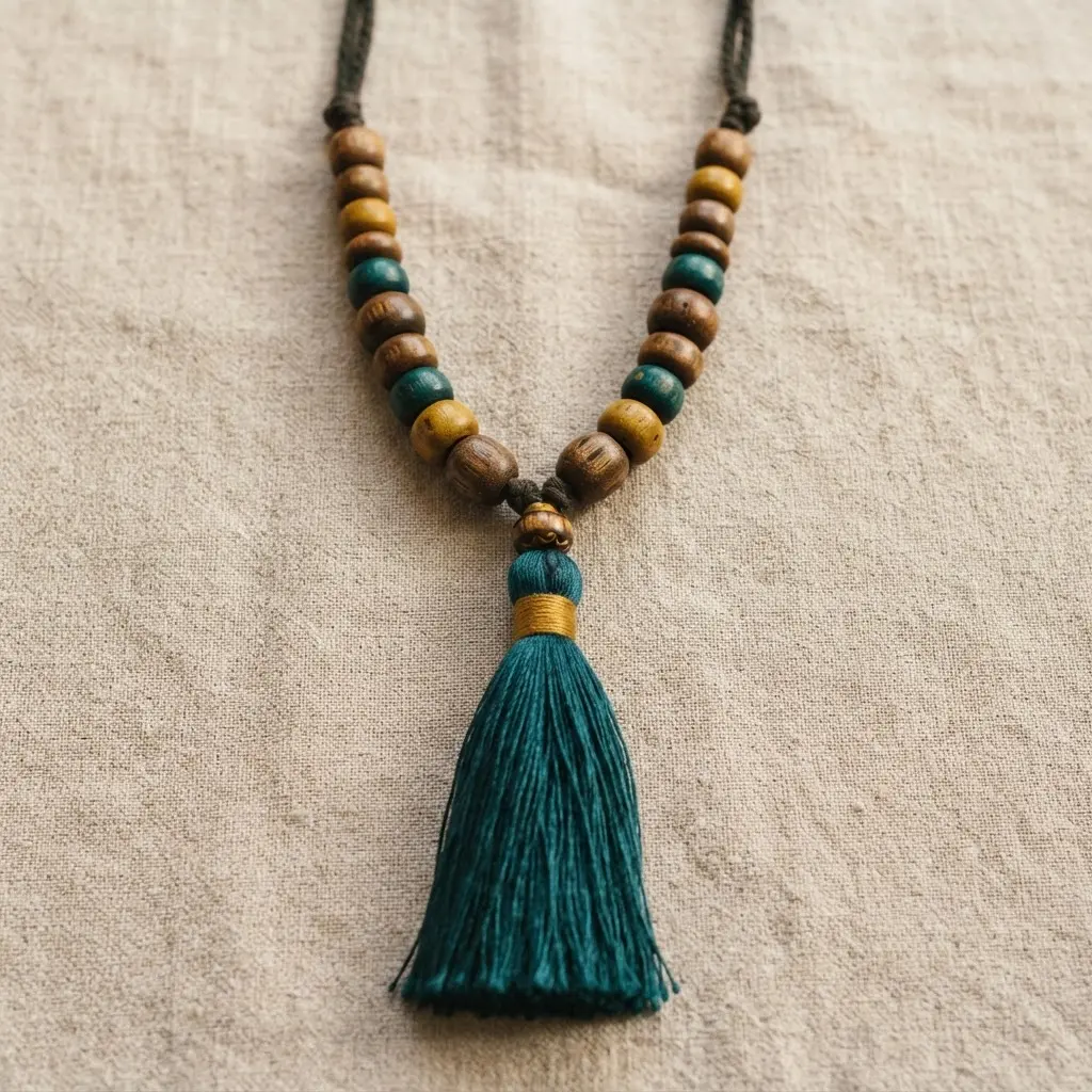 A bohemian necklace featuring uneven wood beads and a dense, colorful silk tassel.