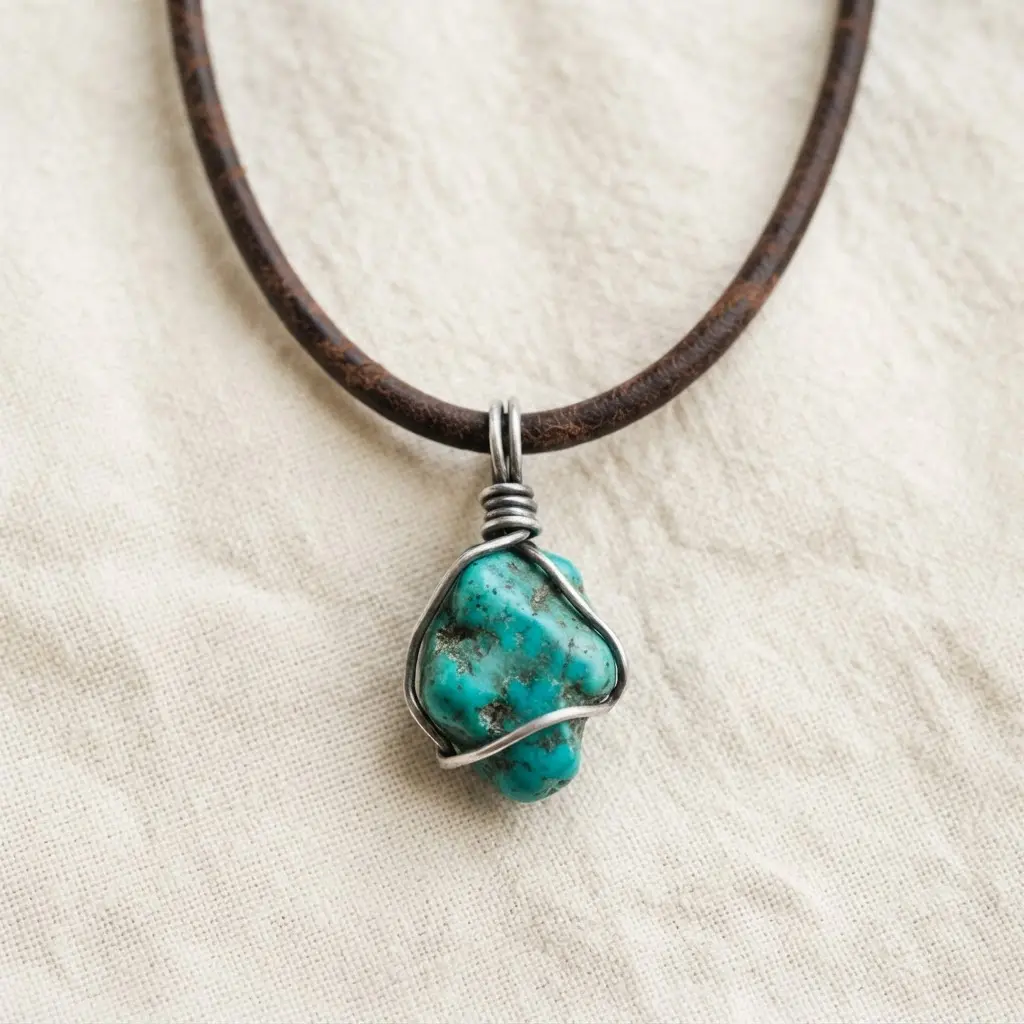 A raw, uncut turquoise stone wrapped with wire and strung on a brown leather cord.