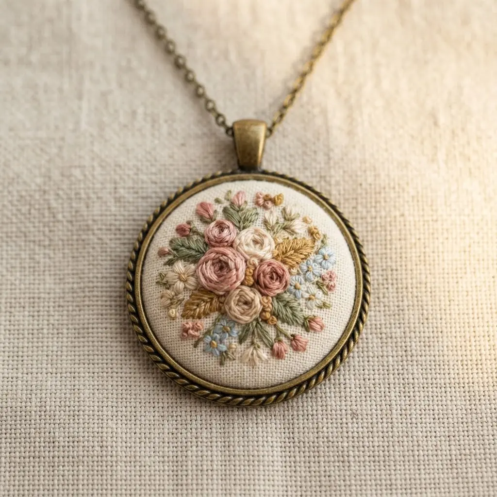 A circular fabric medallion with hand-stitched floral embroidery, mounted on a brass ring.