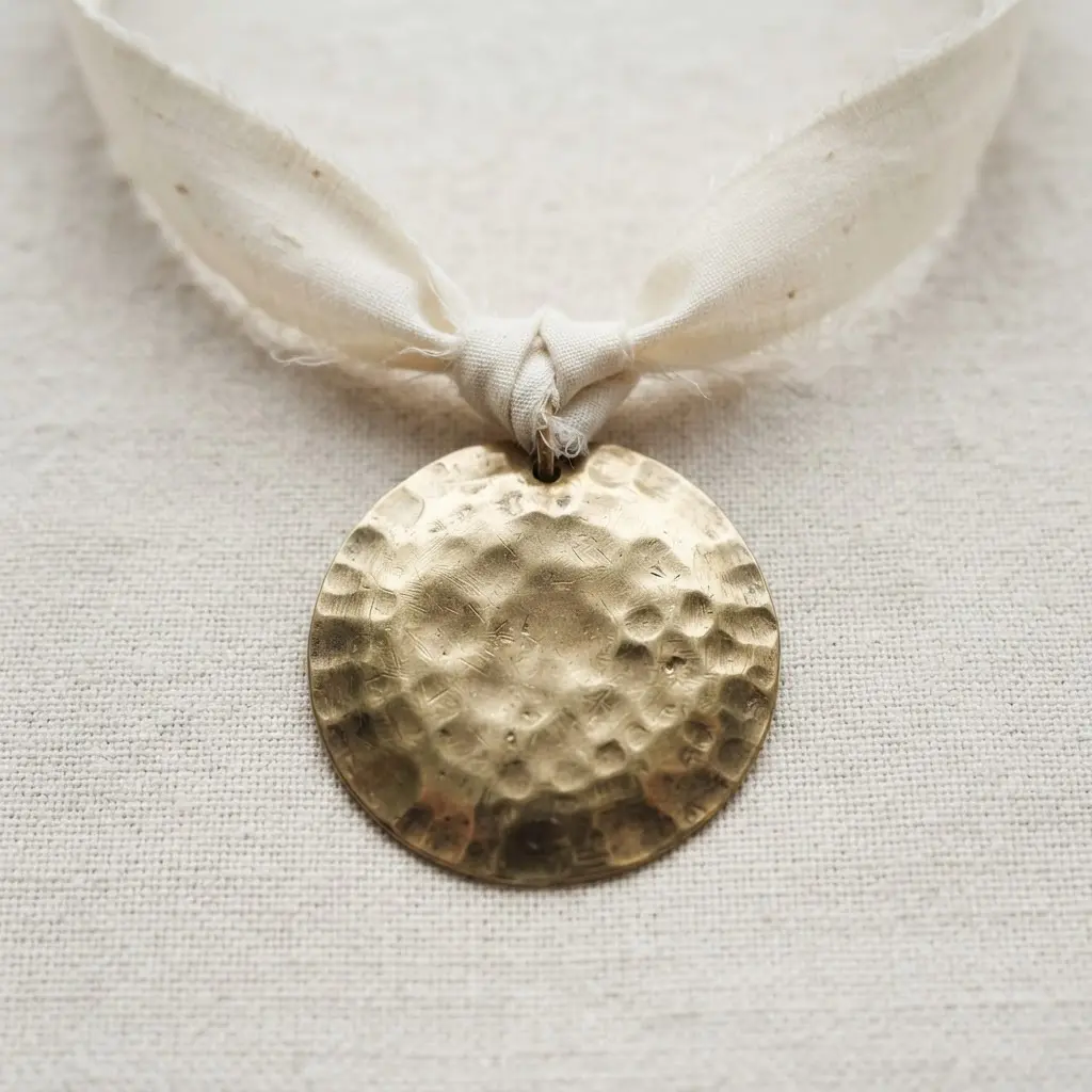 A textured, hammered brass disc pendant hanging from a knotted silk ribbon choker.