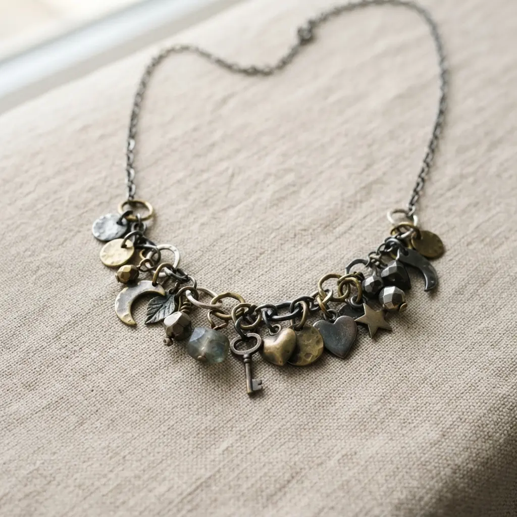 A collection of small charms in mixed metals clustered together on a delicate chain.