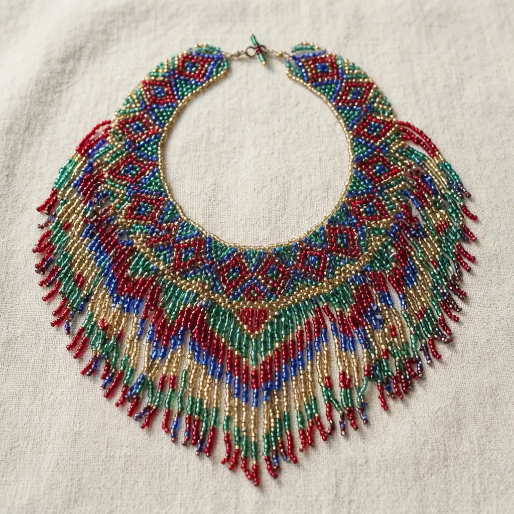 A wide, crescent-shaped bib necklace with dense fringe made from tiny glass seed beads.