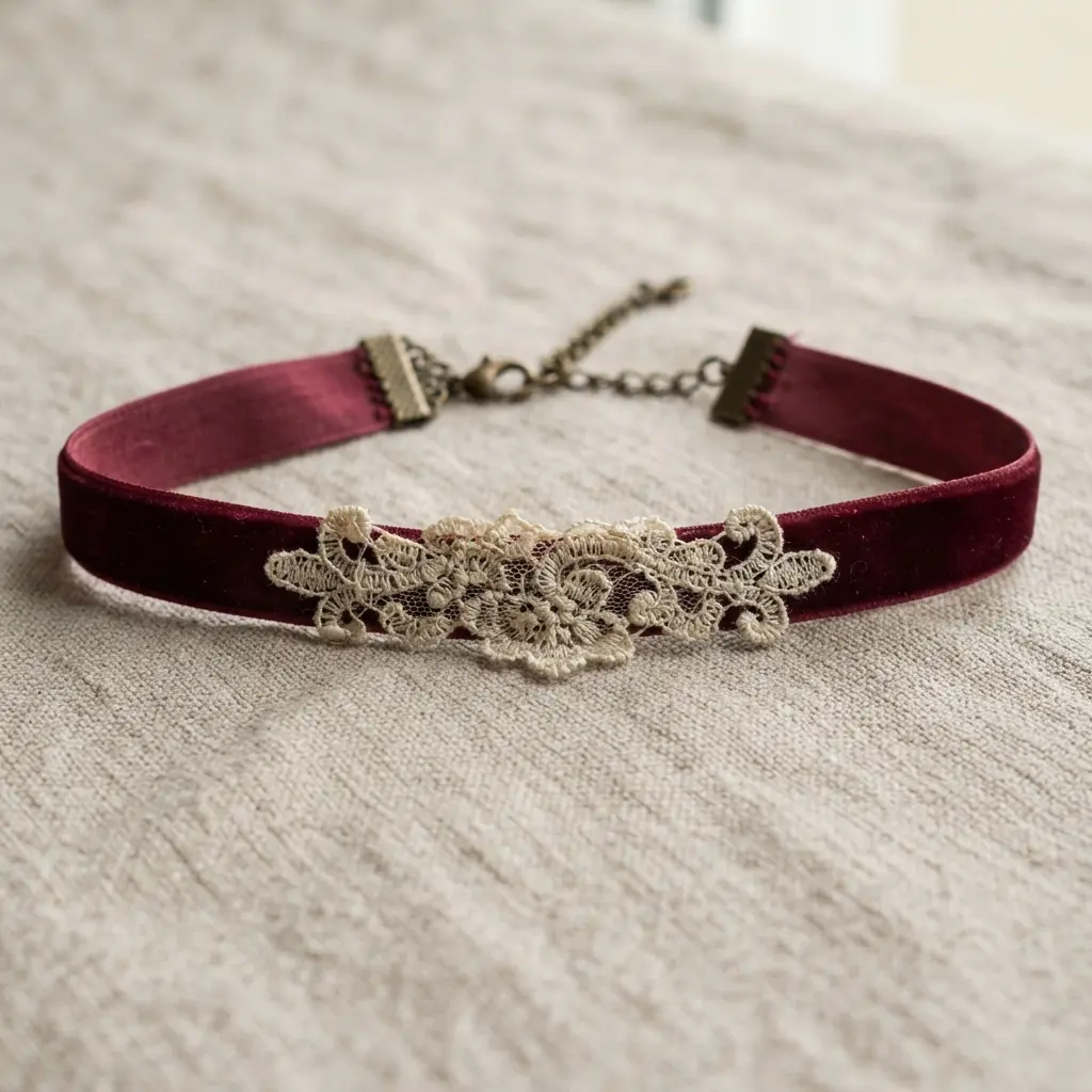 A choker necklace with a segment of antique lace stitched onto a rich velvet ribbon.
