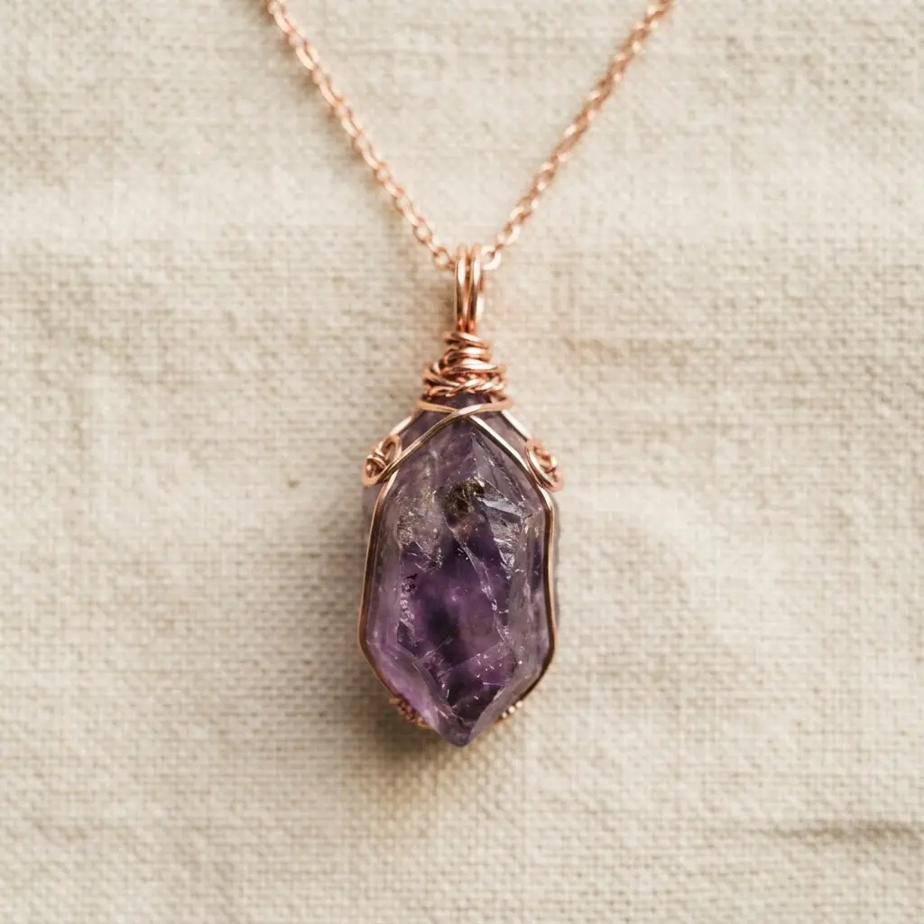 A natural amethyst crystal point wrapped securely with gold-toned wire to form a pendant.