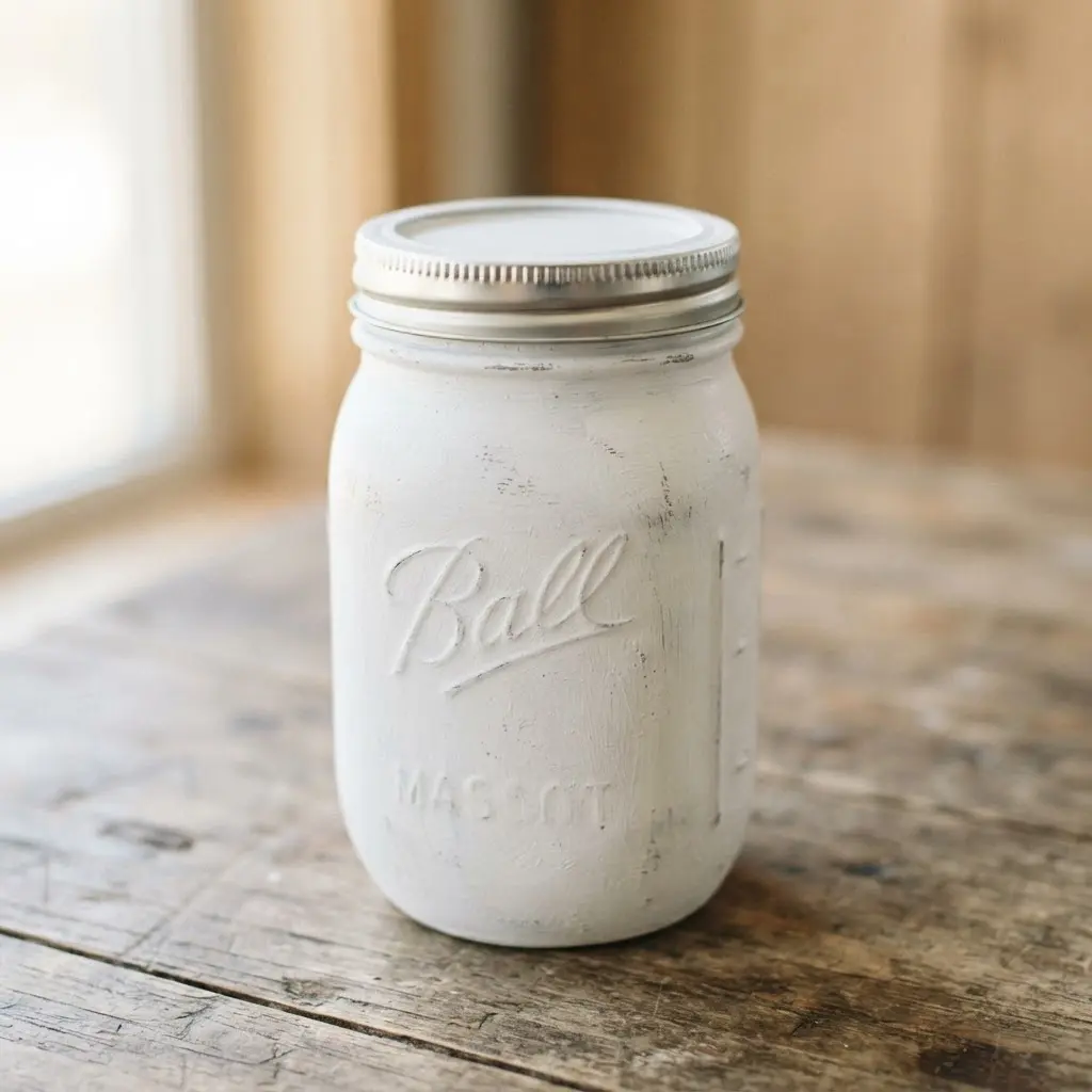 A clean white mason jar with a flat, non-reflective chalk paint surface sitting on a wooden table.