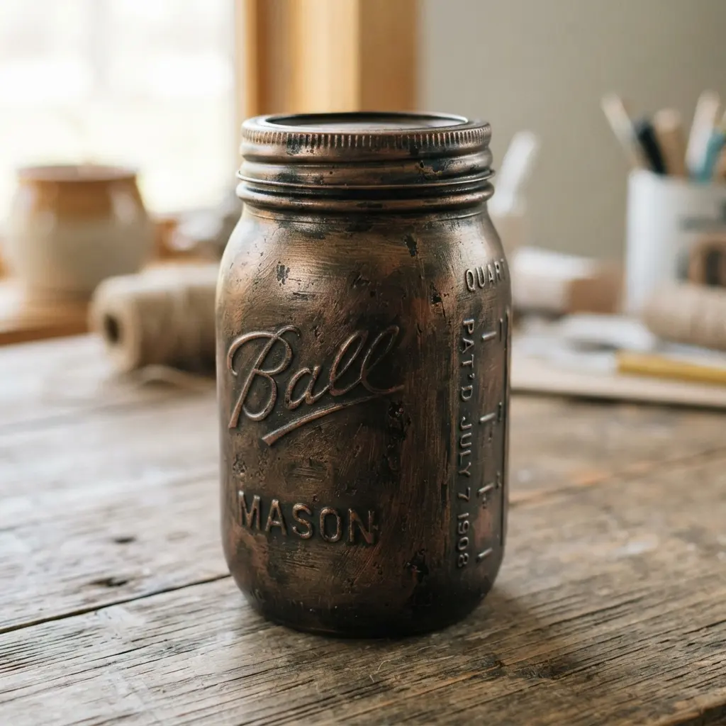 A mason jar painted with a deep bronze metallic paint, buffed with dark wax to create an aged, soft sheen.