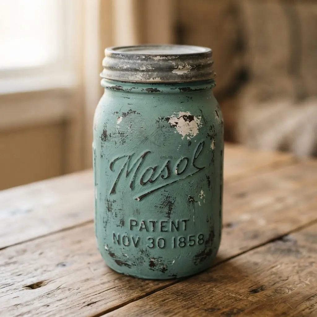 A mason jar painted in a muted teal milk paint, showing intentional wear and chipping along its edges.