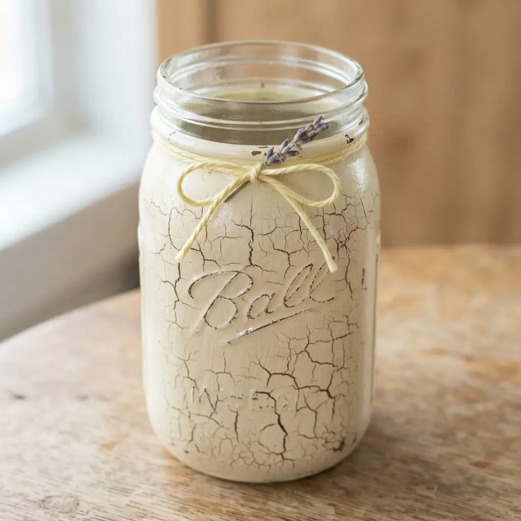 Close-up of an antique-style mason jar with a creamy ivory base and a delicate web of dark crackle lines.