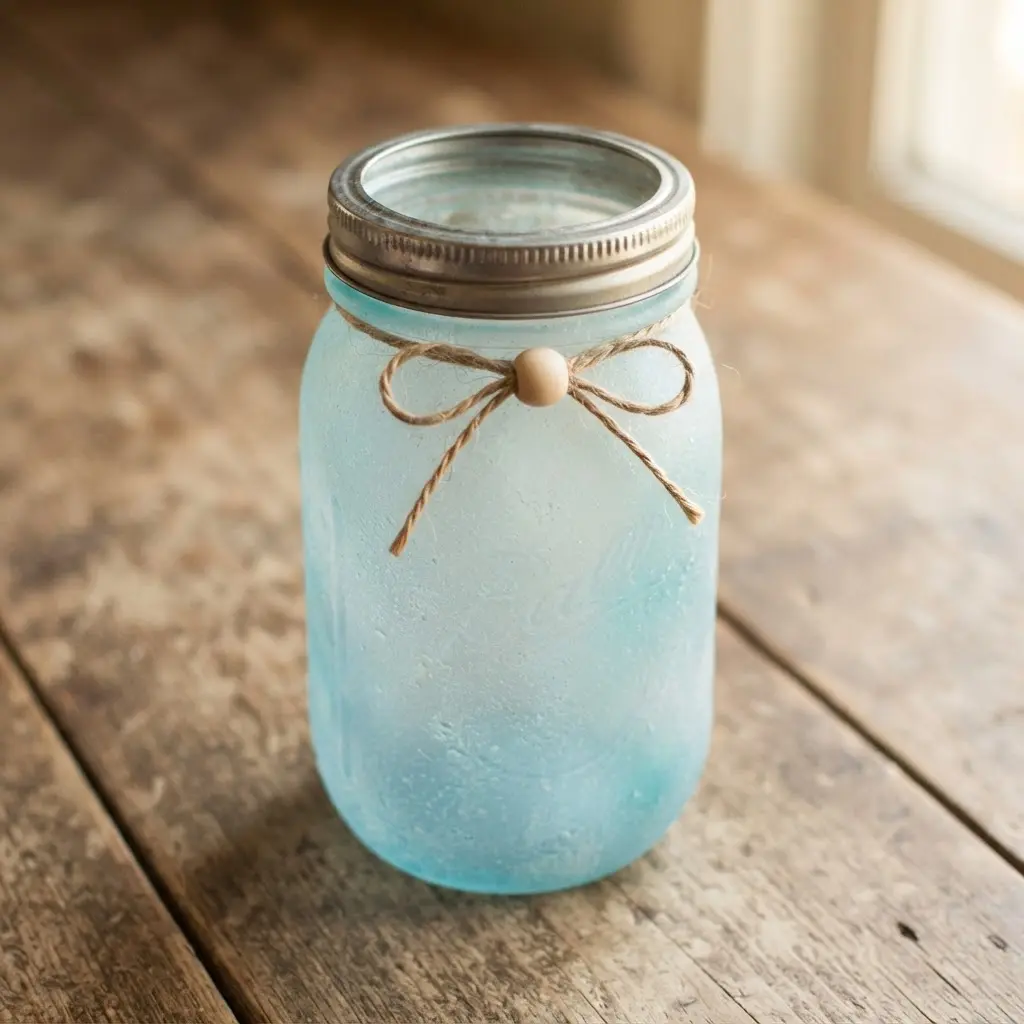 A mason jar with a soft, frosted blue finish that mimics the appearance of weathered sea glass.