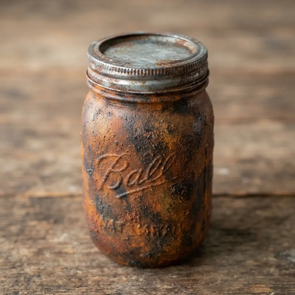 A jar with a textured surface of orange, brown, and black paint simulating an aged rust patina.