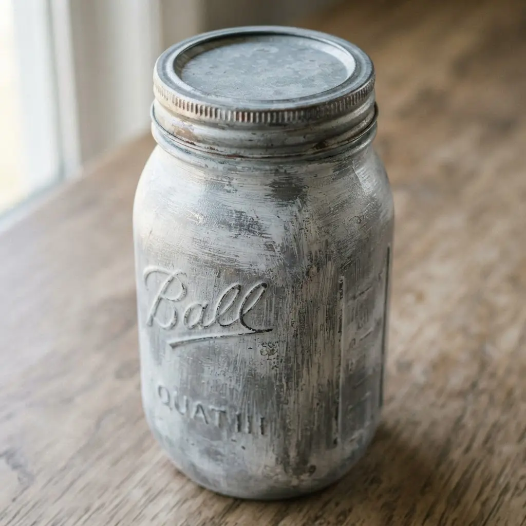 An antique gray mason jar where dry brushing reveals hints of the glass and underlying color for depth.