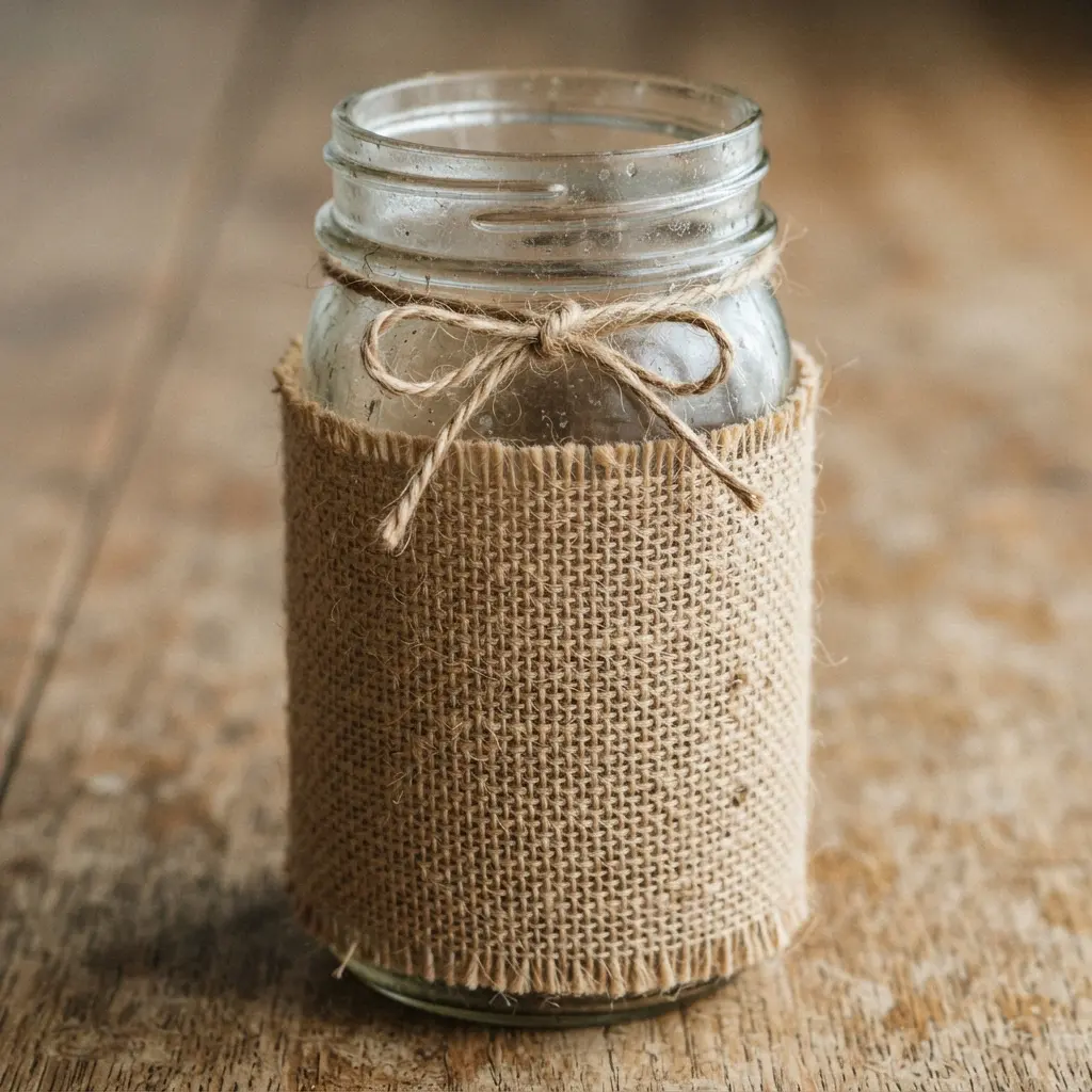 A clear glass mason jar wrapped in coarse, natural burlap fabric, secured with a piece of jute twine.