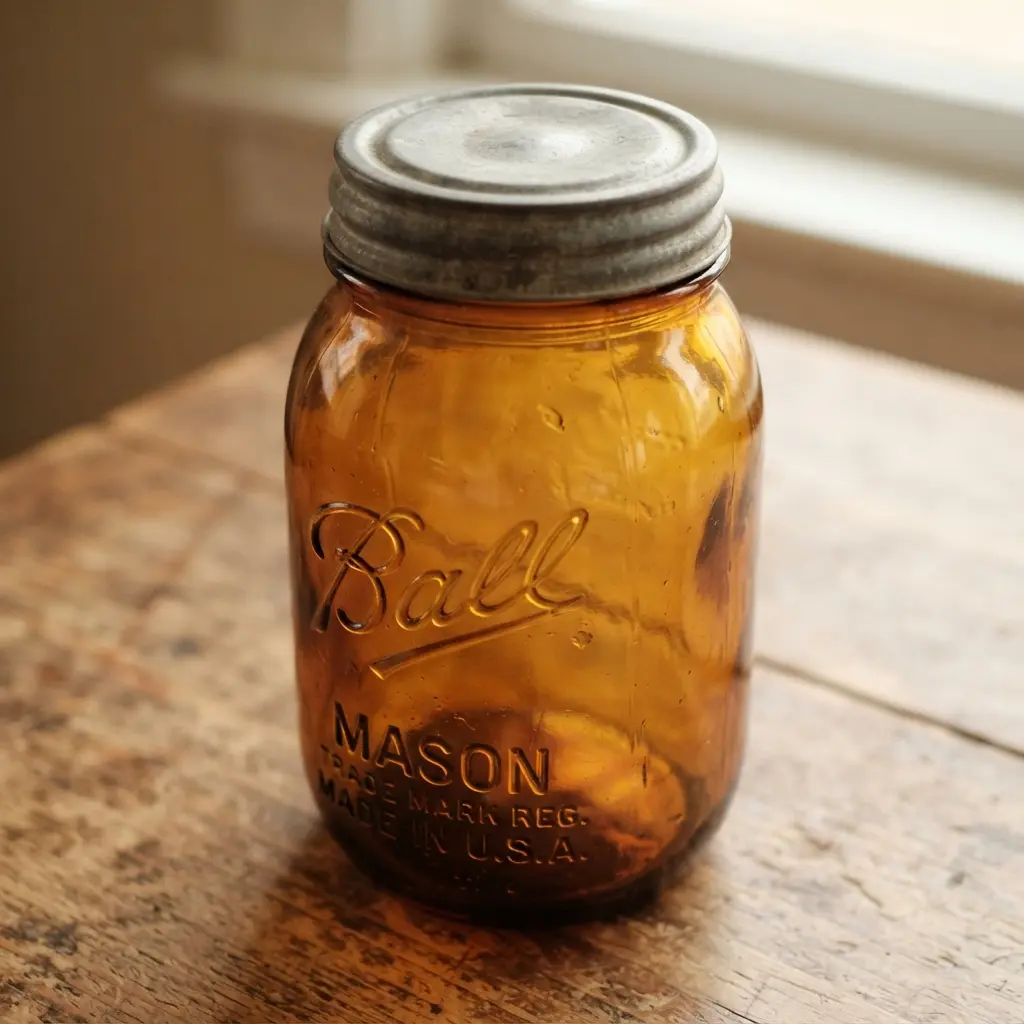 A jar with a warm, honey-colored amber stain that gives the glass a vintage, sun-kissed appearance.