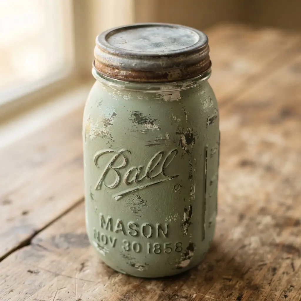 A muted sage green painted jar where the paint is worn away along the ridges and lettering from sanding.