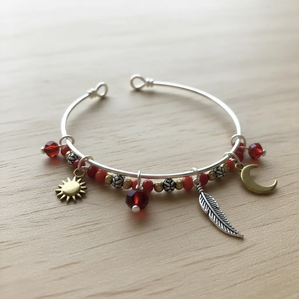 A bangle made with silver wire, using metallic spacers to separate assorted small charms and colorful round beads.