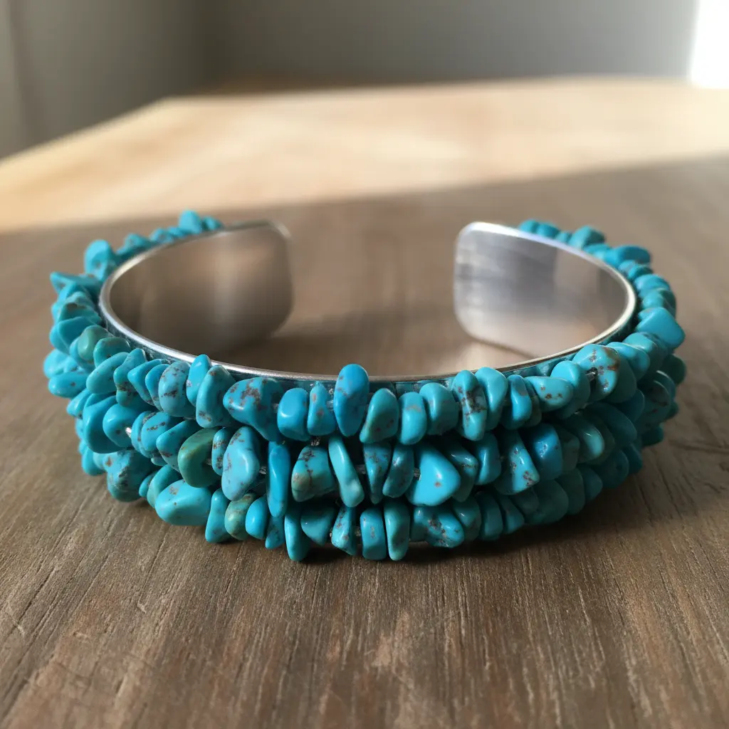 A silver-toned bangle blank completely covered in small, irregularly shaped turquoise stone chips.