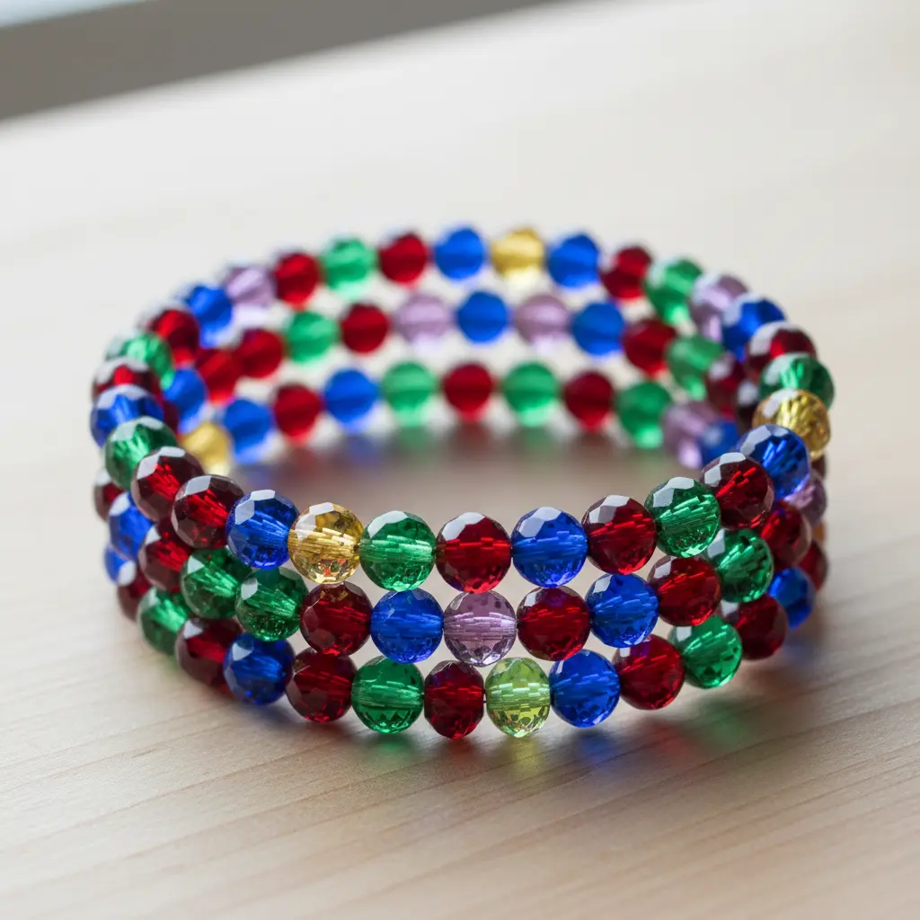 A coiled memory wire bangle strung with an assortment of round, faceted glass beads in bright colors.