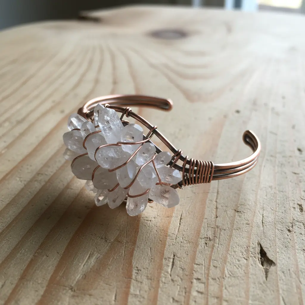 A hand-formed copper wire bangle featuring a wrapped cluster of pointed clear quartz crystals.