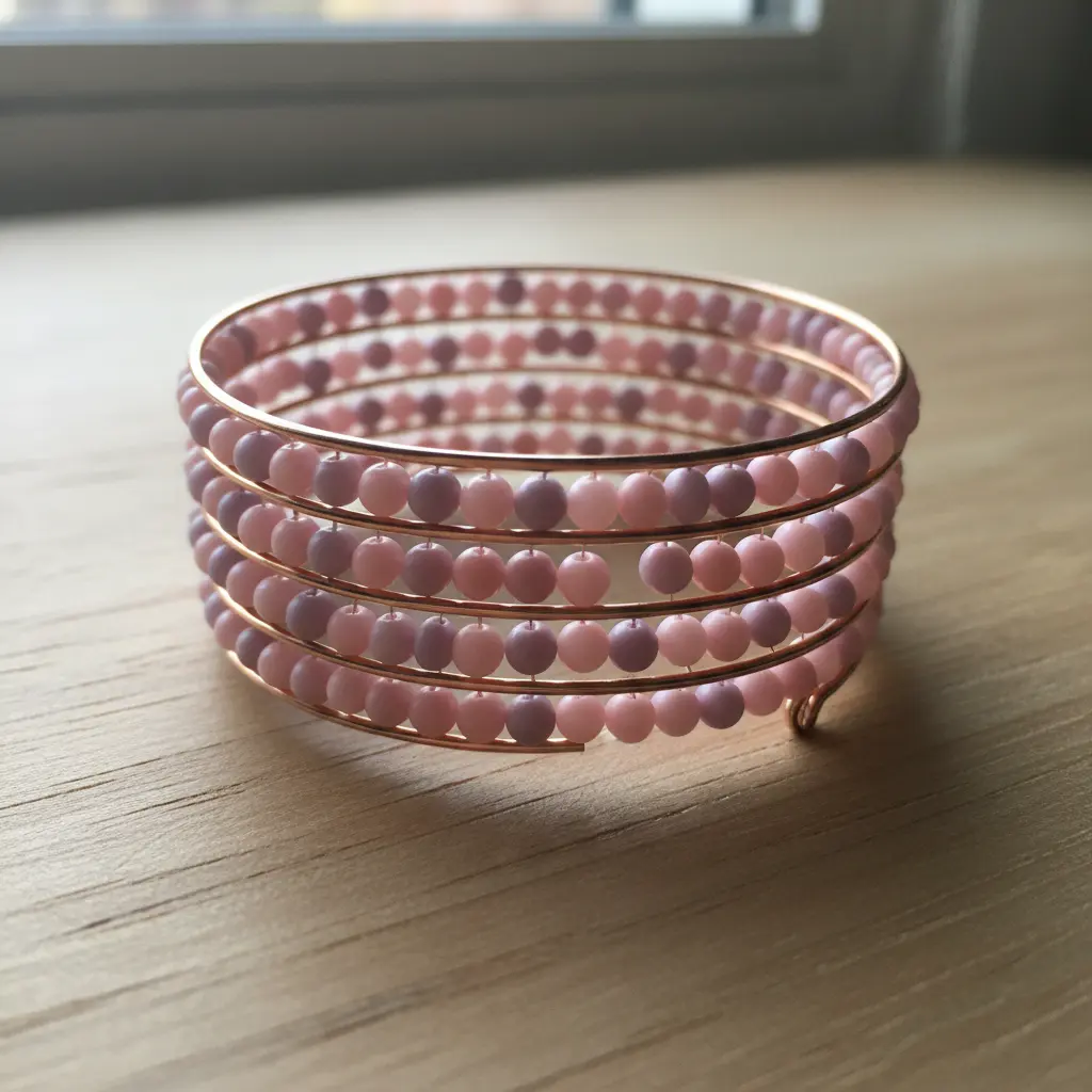 A spiral rose gold memory wire bangle strung with a mix of small pastel pink and lavender beads.