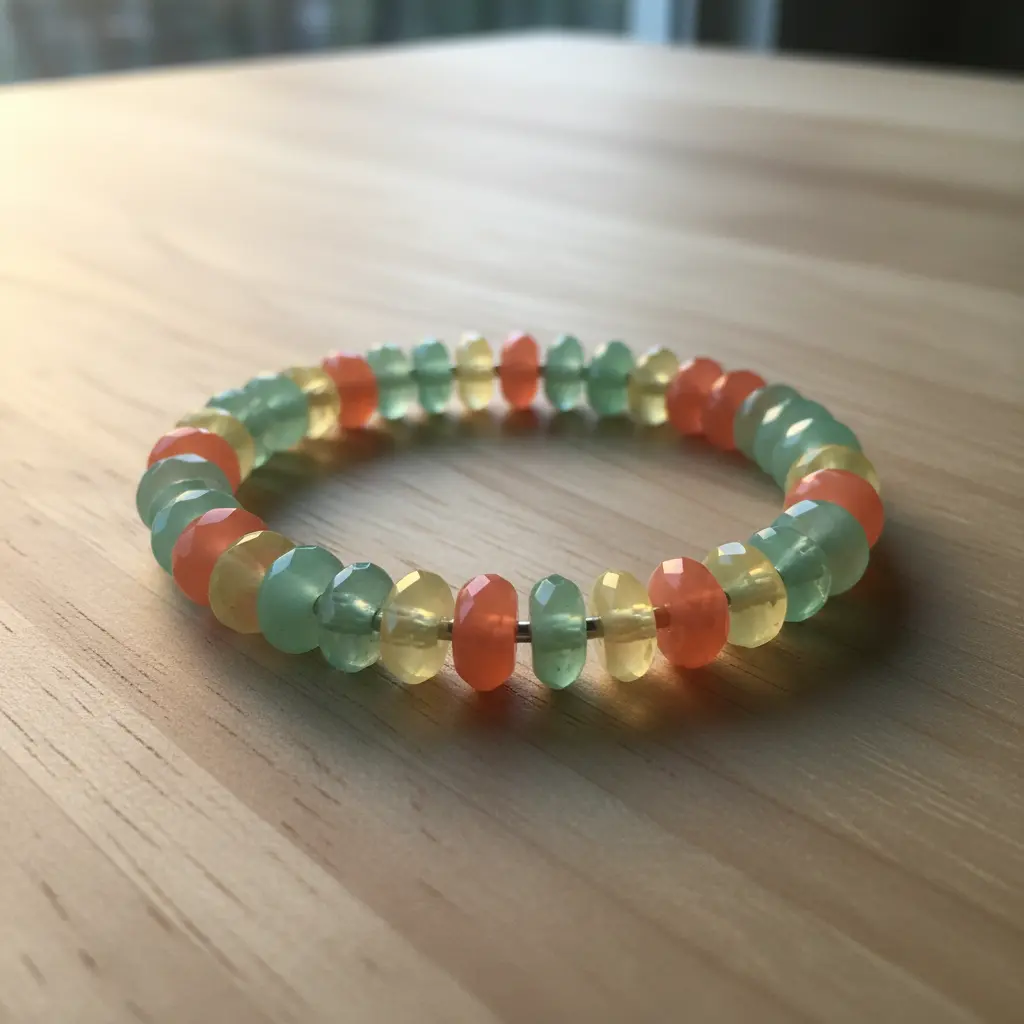 A simple wire bangle featuring a string of translucent, pastel-colored acrylic beads in mint, peach, and yellow.