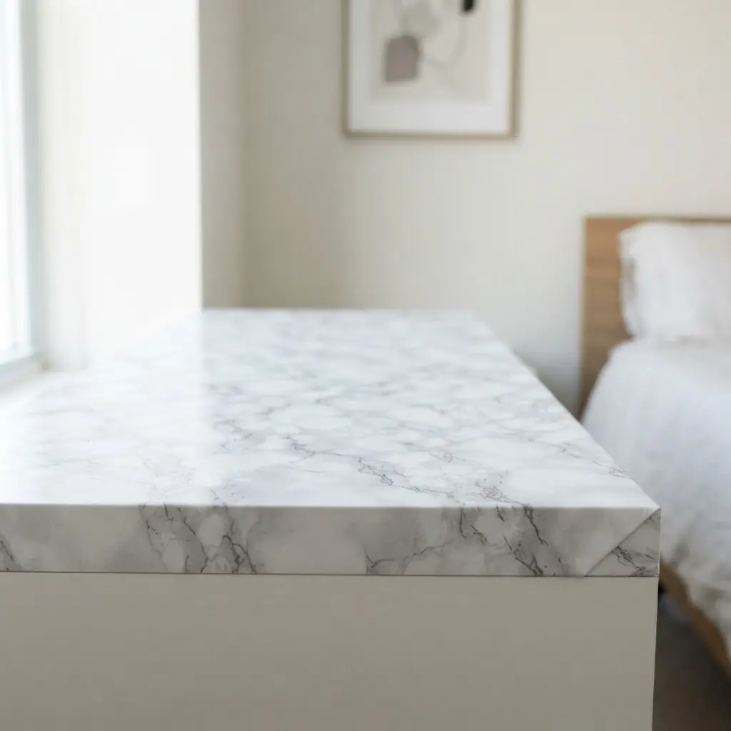 A simple desk transformed with faux marble adhesive contact paper for a sleek, modern look.