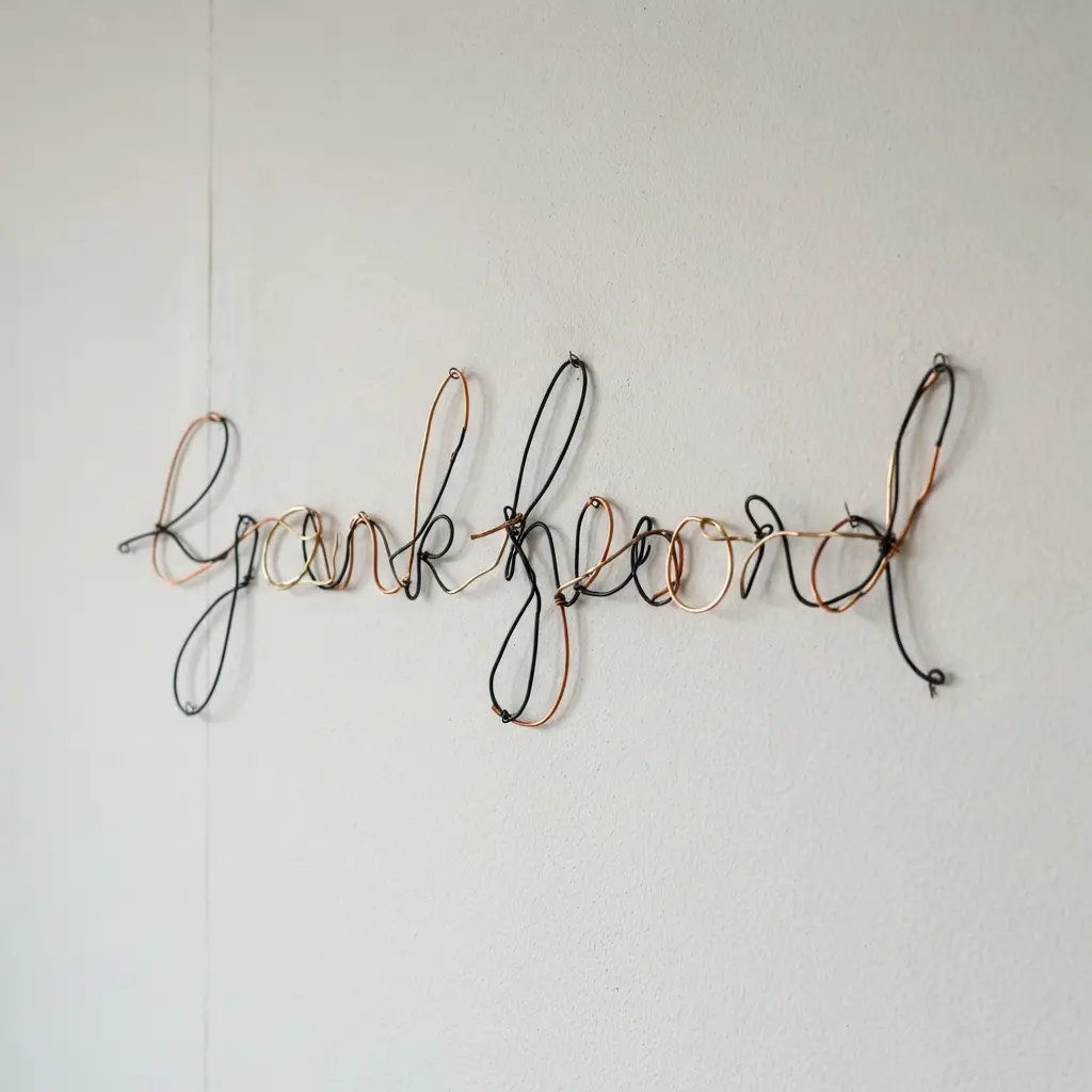 A custom wire script word shaped like a neon sign, mounted as minimalist wall decor.