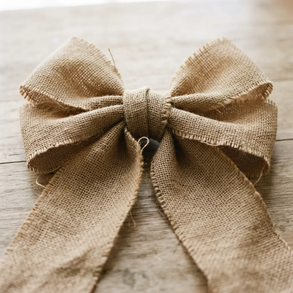 A rustic grapevine wreath adorned with a large, full bow made from wired burlap ribbon.