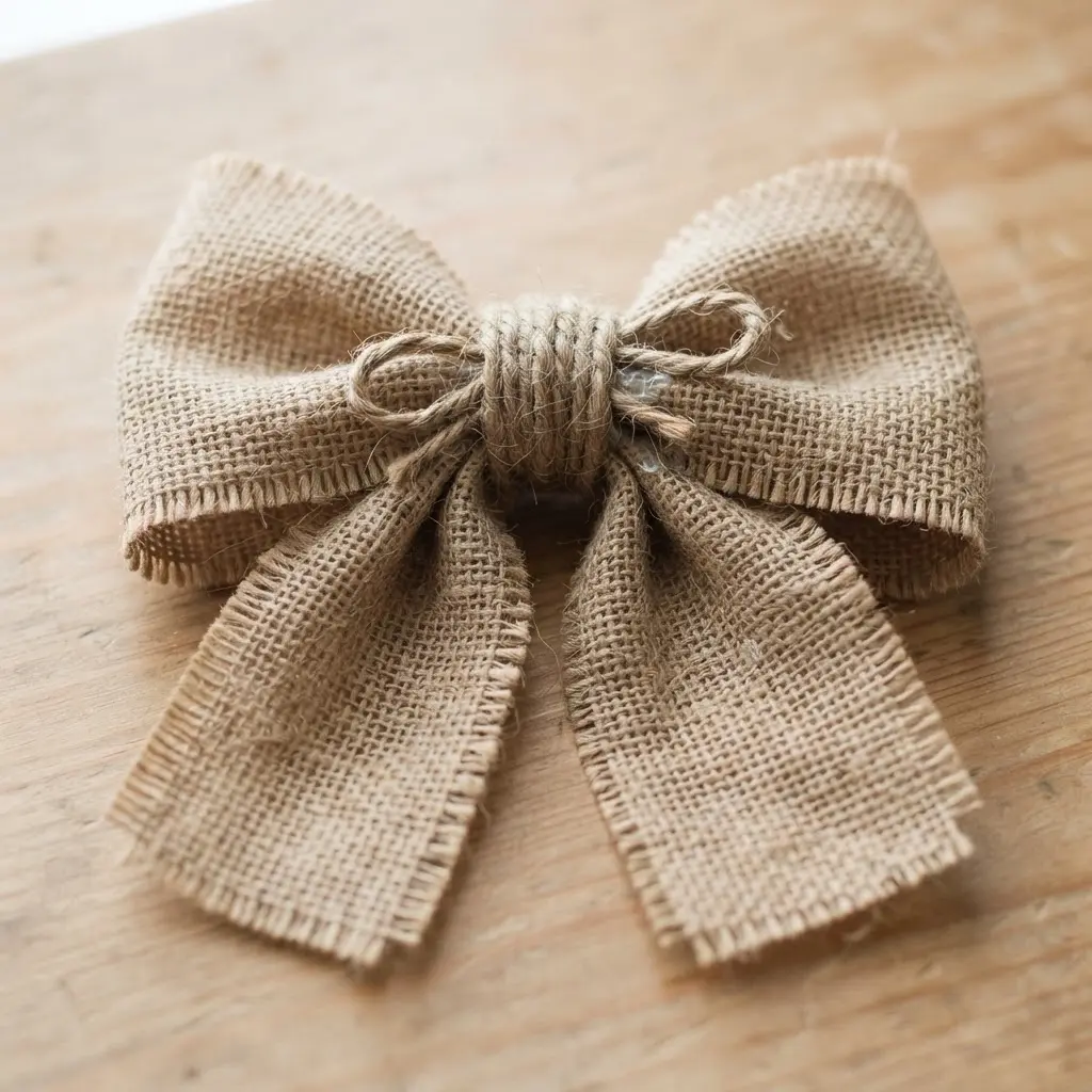 A simple, unadorned burlap bow with its center neatly wrapped and secured with a length of natural jute twine.