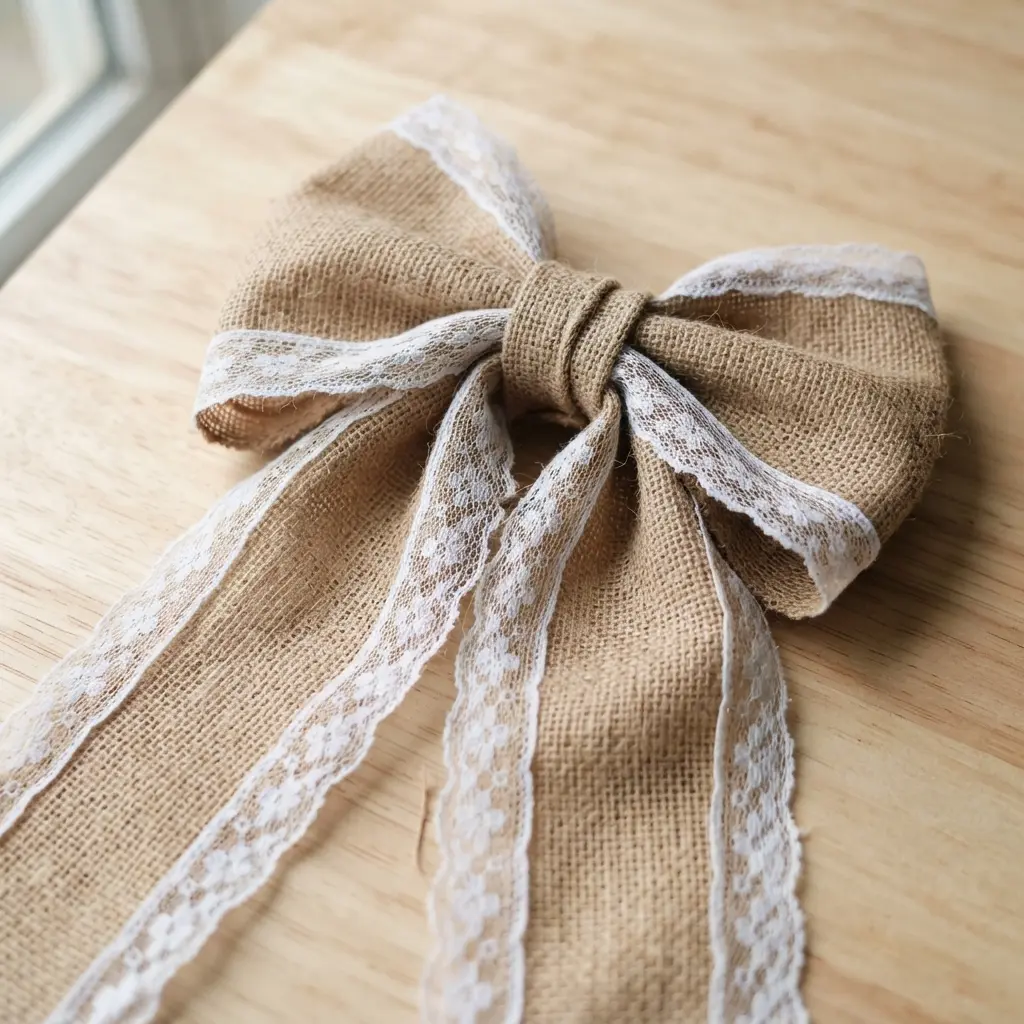 A large rustic burlap bow featuring a crisp white lace trim sewn along the edges of its tails.