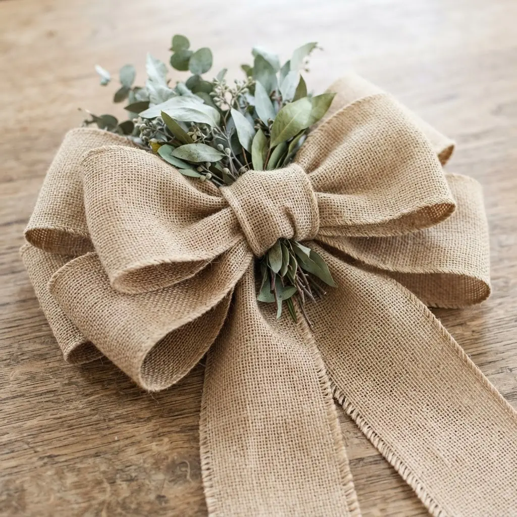 A rustic burlap bow with its center wrapped and accented with several sprigs of silvery green eucalyptus.