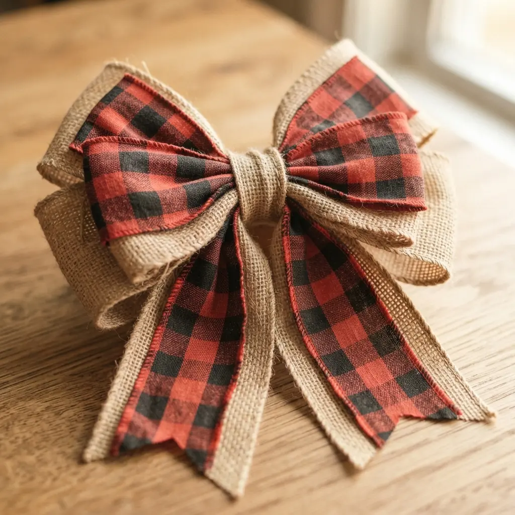 A large, full bow constructed with a top layer of red and black plaid burlap over a base layer of natural burlap.