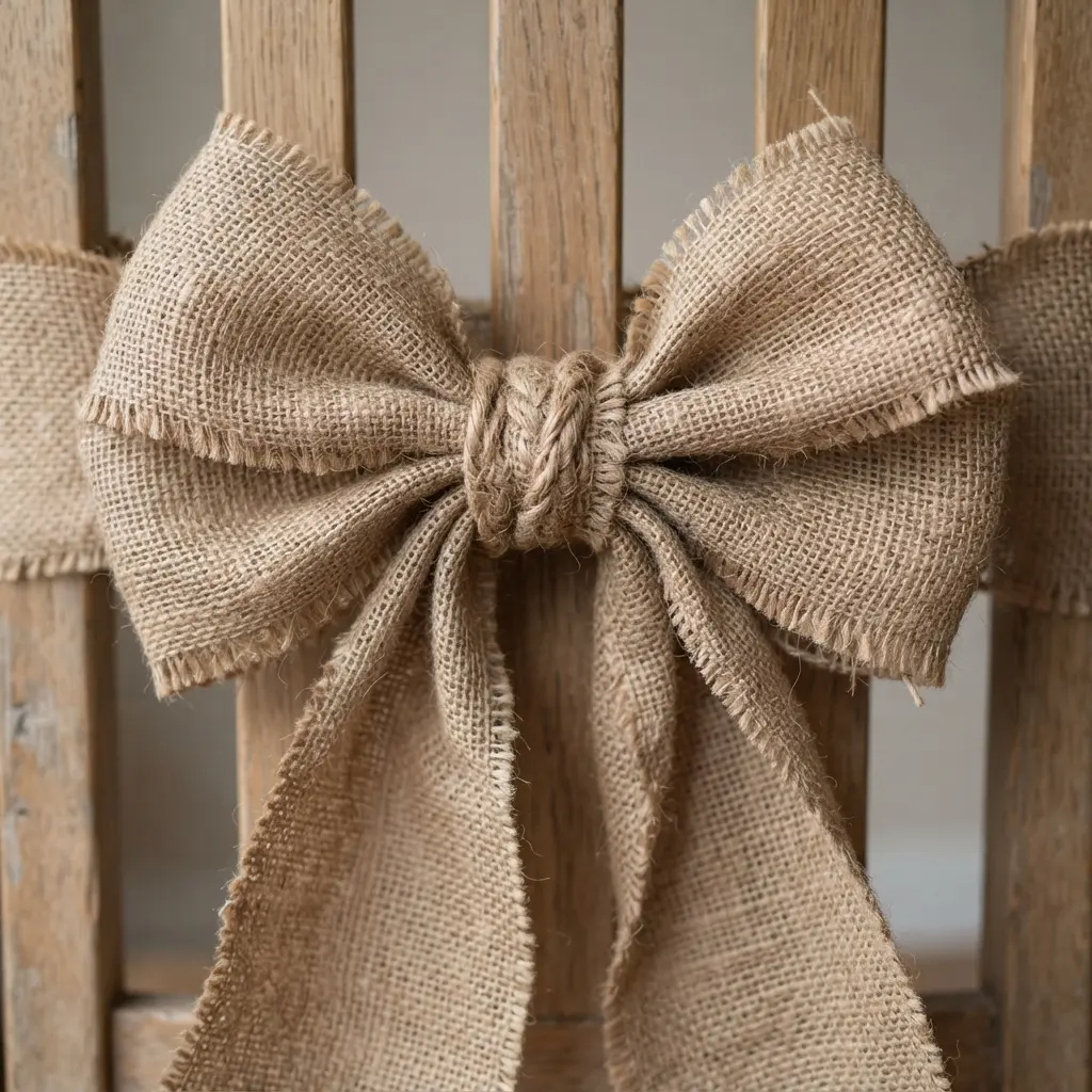 An extra-large, voluminous burlap bow tied around the slats of a rustic wooden dining chair.
