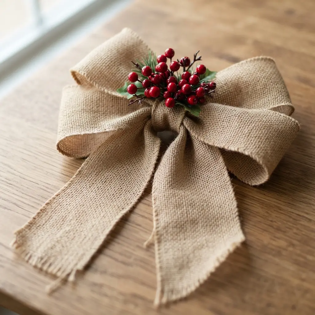 A natural burlap bow with a cluster of vibrant faux red berries tucked into its knotted center.
