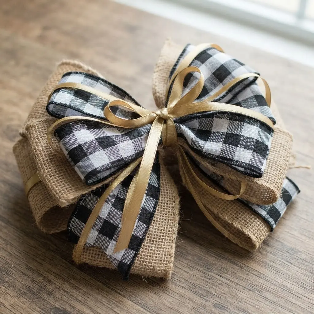 A detailed bow made from three ribbons layered together: natural burlap, a black checked pattern, and a thin gold satin ribbon.