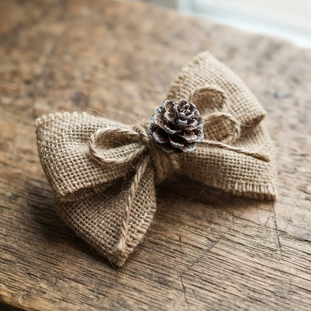 A petite, neatly tied burlap bow with a small brown pinecone secured to its center with natural twine.
