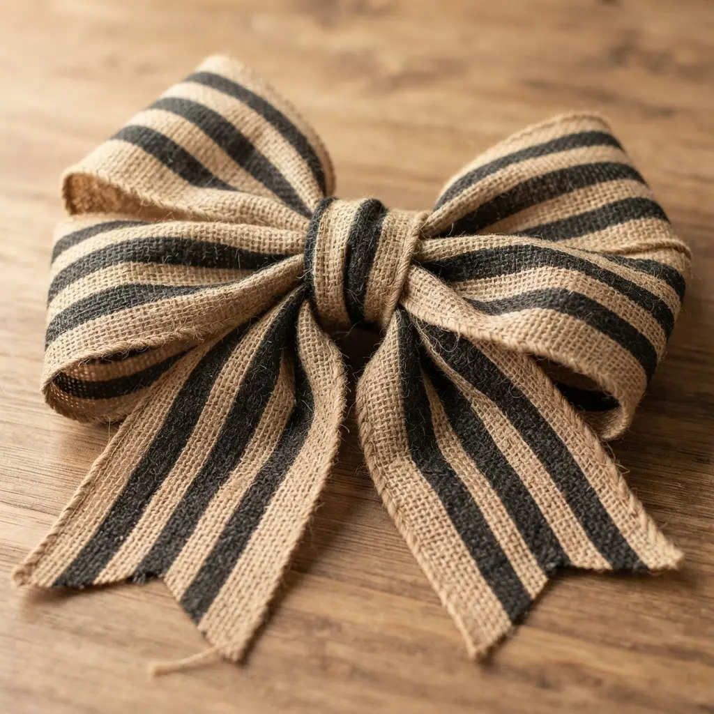 A large, structured bow crafted from burlap ribbon featuring wide alternating stripes of natural and black.