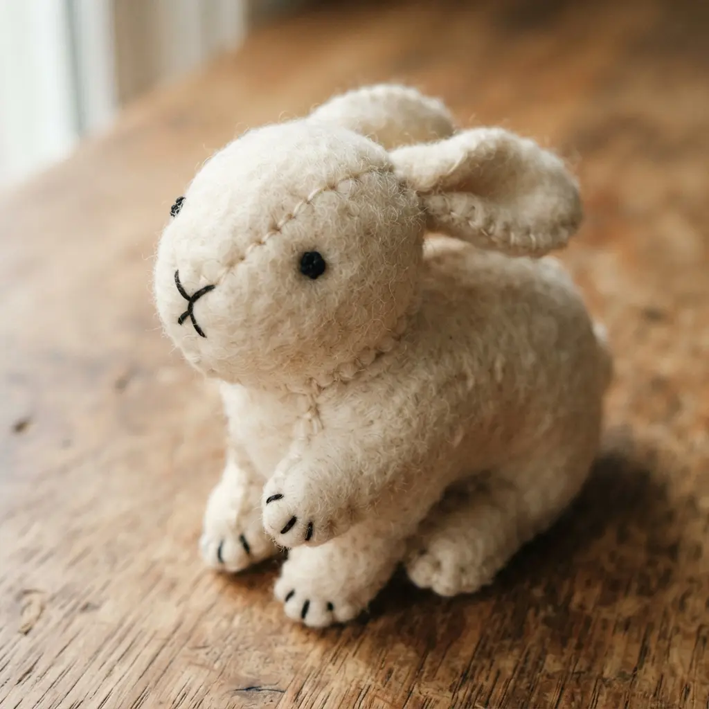 A vintage-style bunny plush made from cream felt with black embroidery floss detailing its face and paws.